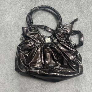 Beverly Hills Polo Club Faux Leather Croc Metallic Tote Hand Bag Womens Bronze